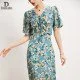 Elegant Mulberry Silk Blue Dress V-Neck Waist Print A-Line Long Skirt Elegant Mulberry Silk Blue Dress V-Neck Waist Print A-Line Long Skirt