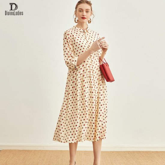 Polka Dot Print 100% Mulberry Silk Long Skirt Coat Doll Collar Dress