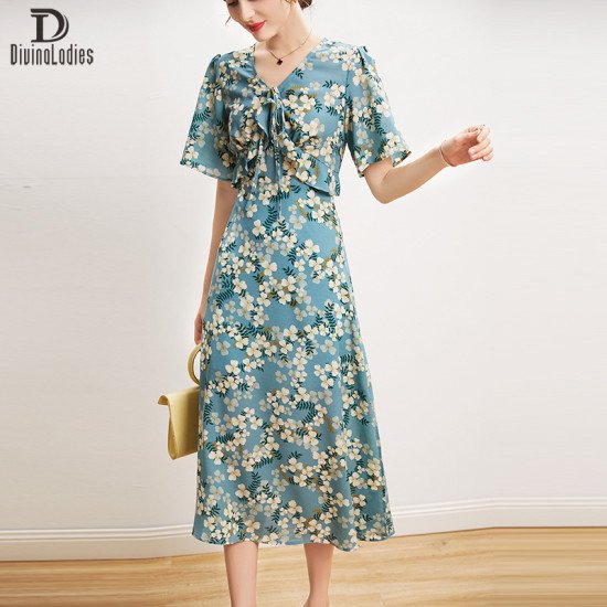 Elegant Mulberry Silk Blue Dress V-Neck Waist Print A-Line Long Skirt Elegant Mulberry Silk Blue Dress V-Neck Waist Print A-Line Long Skirt
