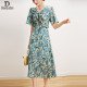 Elegant Mulberry Silk Blue Dress V-Neck Waist Print A-Line Long Skirt Elegant Mulberry Silk Blue Dress V-Neck Waist Print A-Line Long Skirt