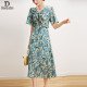 Elegant Mulberry Silk Blue Dress V-Neck Waist Print A-Line Long Skirt