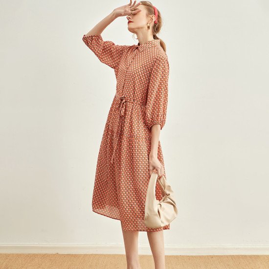 Printed Mulberry Silk Slim Waist Dress Elegant Women Floral Long Skirt Printed Mulberry Silk Slim Waist Dress Elegant Women Floral Long Skirt