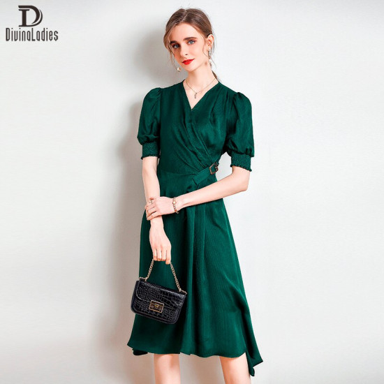 Elegant V Neck Waist Long Skirt Casual Slim Silk Swing Dress For Women Elegant V Neck Waist Long Skirt Casual Slim Silk Swing Dress For Women