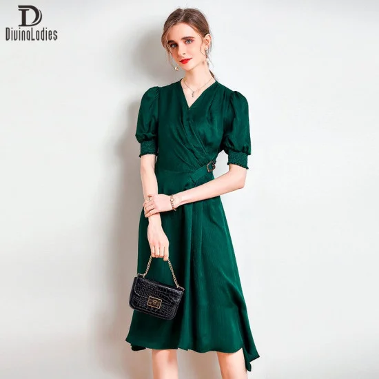 Elegant V Neck Waist Long Skirt Casual Slim Silk Swing Dress For Women