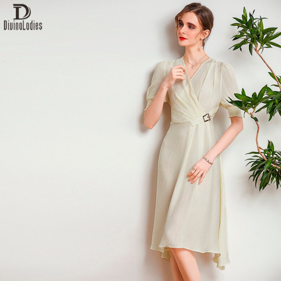 Elegant V Neck Waist Long Skirt Casual Slim Silk Swing Dress For Women Elegant V Neck Waist Long Skirt Casual Slim Silk Swing Dress For Women