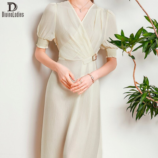 Elegant V Neck Waist Long Skirt Casual Slim Silk Swing Dress For Women Elegant V Neck Waist Long Skirt Casual Slim Silk Swing Dress For Women