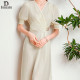 Elegant V Neck Waist Long Skirt Casual Slim Silk Swing Dress For Women